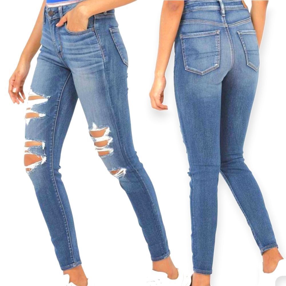 American Eagle Women's Hi-Rise Jeans Denim Blue Skinny Distressed Size 6 Small - Picture 15 of 16